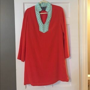 Sail to Sable Coral Dress with Mint Embellished V-Neck